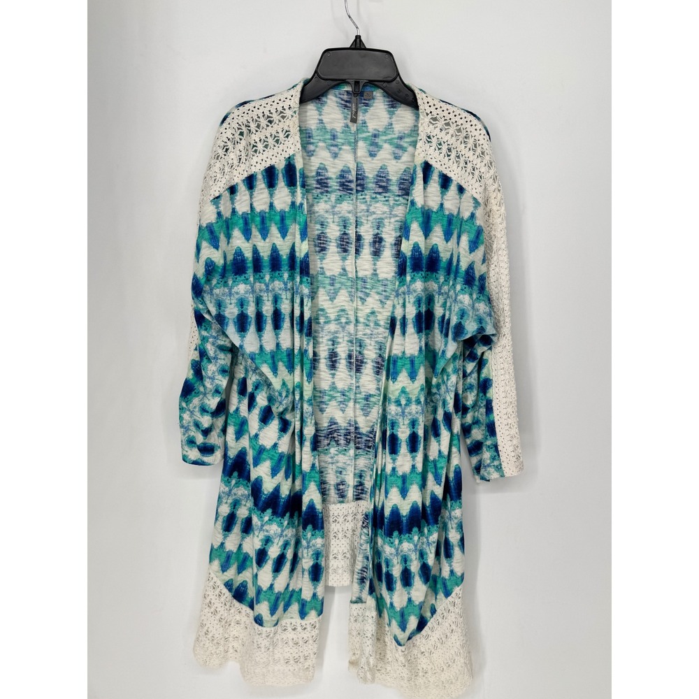 New Directions Cardigan Women XL Blue  Crochet Lace Ikat Open Front Wrap